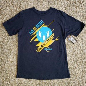 Brand new w/ Tags Hard Rock Cafe "Messi" theme navy blue short sleeve t-shirt